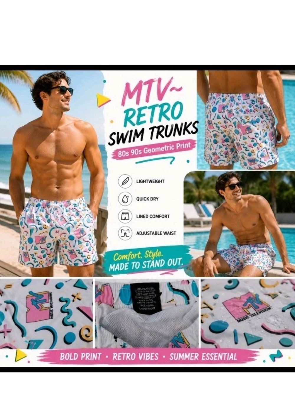 MTV~ Retro Swim Trunks Mens Small 80s 90s Geometric Print Lined Beach Shorts